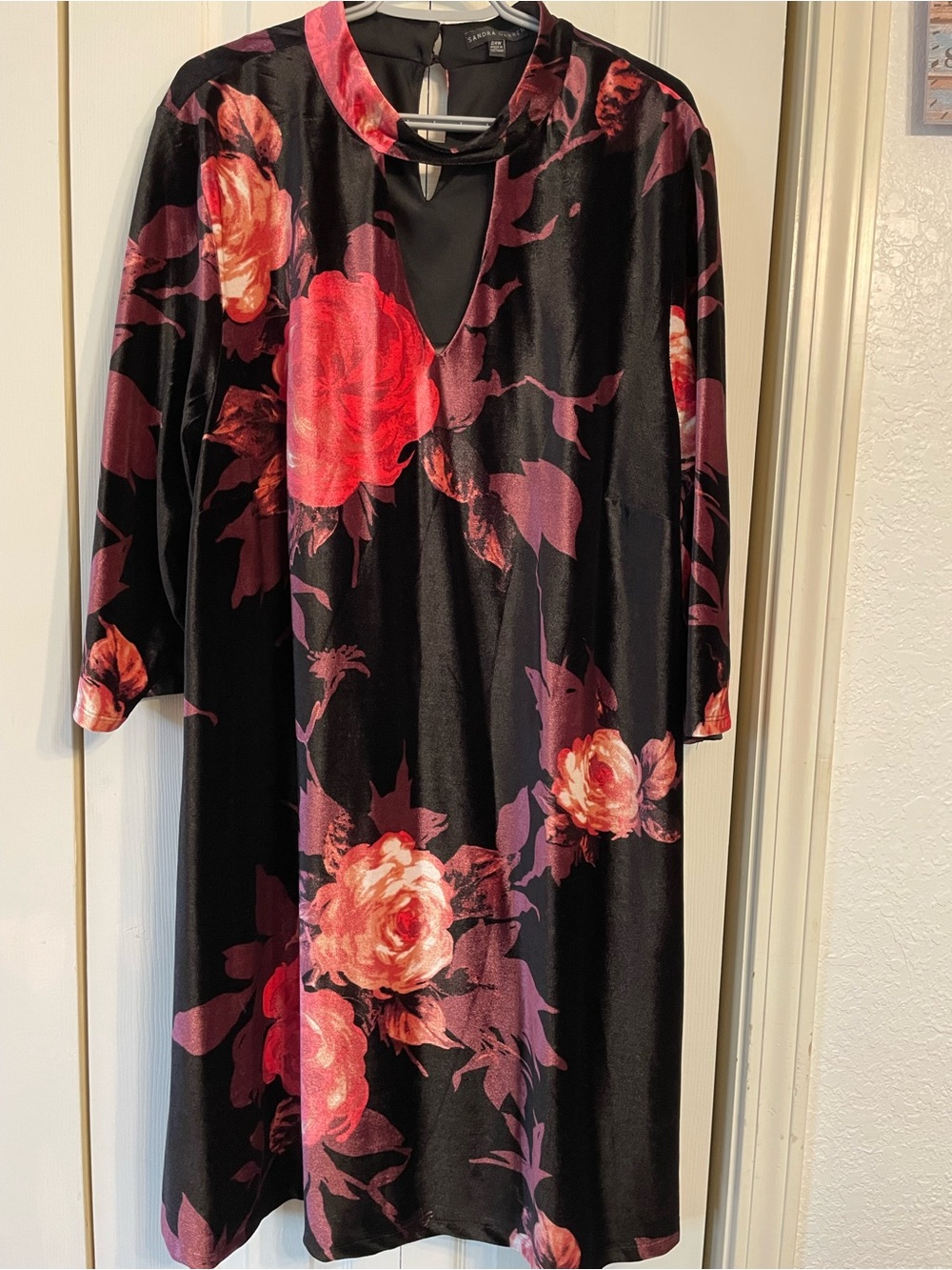 Sandra Darren Black Midi Dress with Pink and Red Floral Print